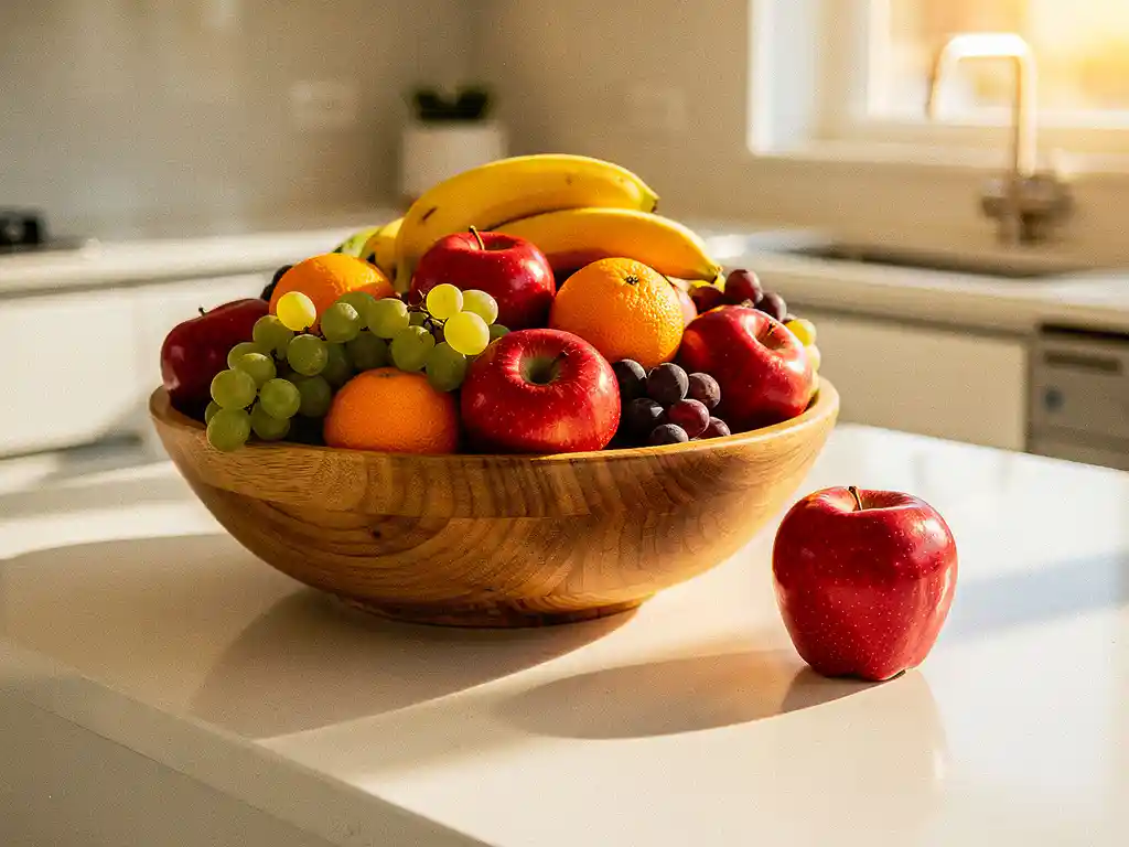 Houten schaal vol vers fruit — appels, bananen, sinaasappels en druiven — op een modern kantinekeukenblad in warm daglicht.