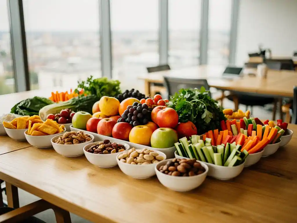 Houten snackstation op kantoor met vers fruit, gemengde noten en gesneden groenten op een lichte eiken tafel in warm natuurlijk licht.