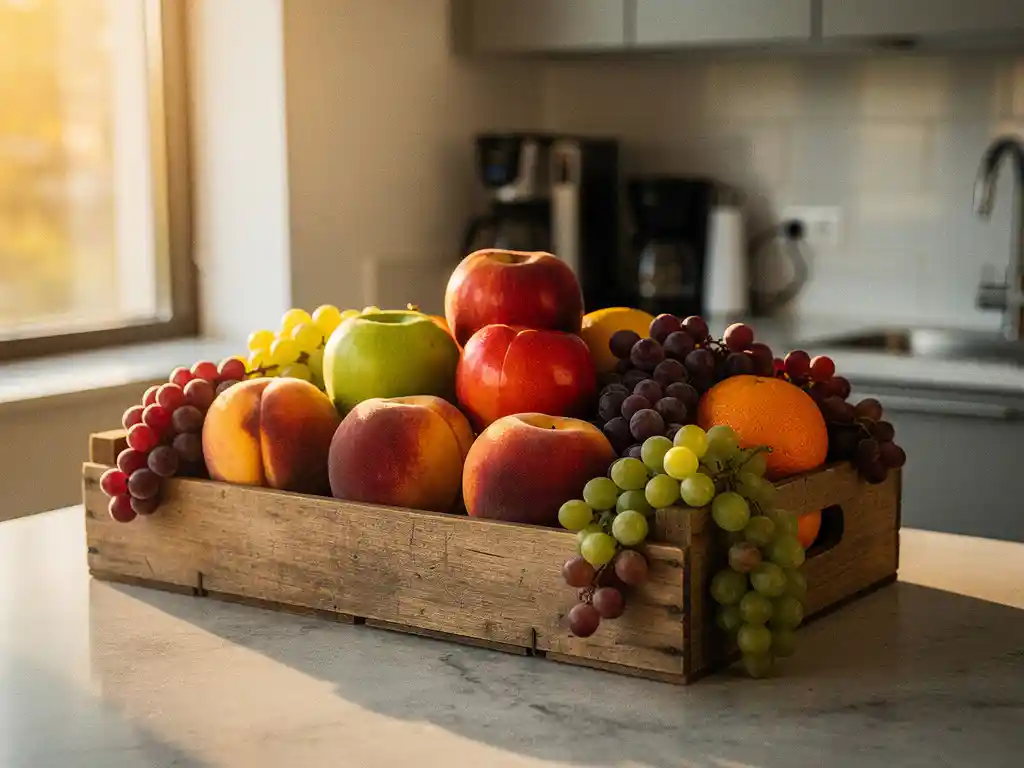 Houten krat vol rijpe perziken, appels en druiven op een zonnig kantaarkeukenblad in warm middaglicht.