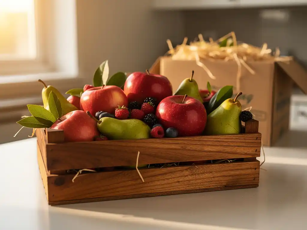 Houten krat met lokaal geteelde appels, peren en bessen op een zonnig verlicht keukenblad op kantoor.