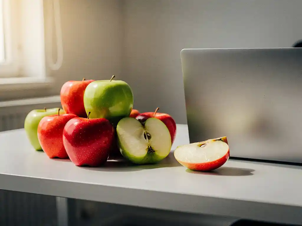 Rode en groene appels op een bureaubureau naast een laptop, één appel doorgesneden met wit vruchtvlees, in natuurlijk daglicht.