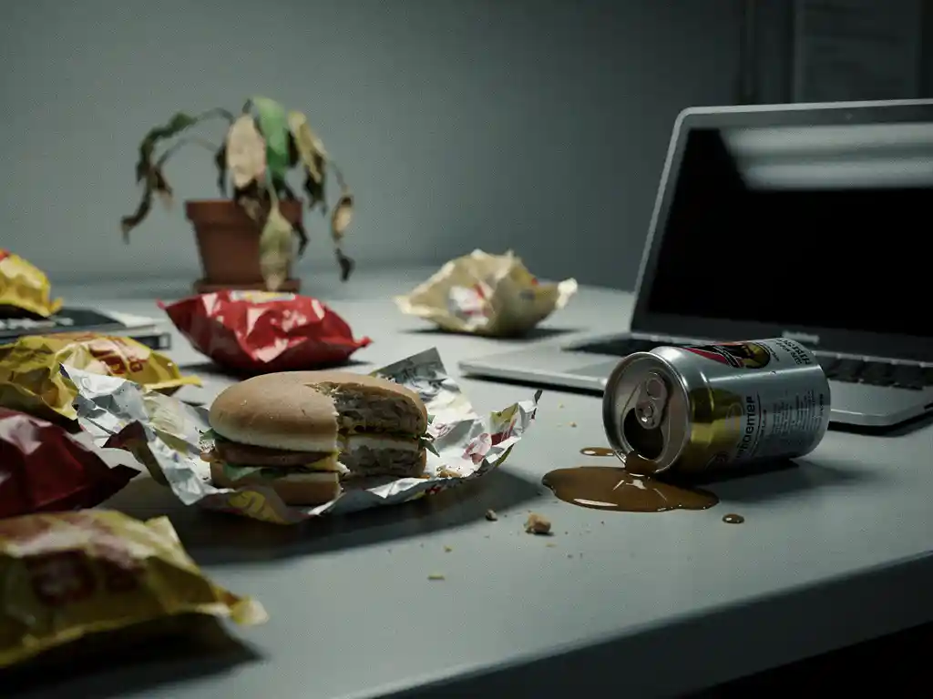 Rommelig bureau met vettige fastfoodverpakkingen, aangebroken burger en omgevallen energiedrank naast een open laptop onder tl-verlichting.