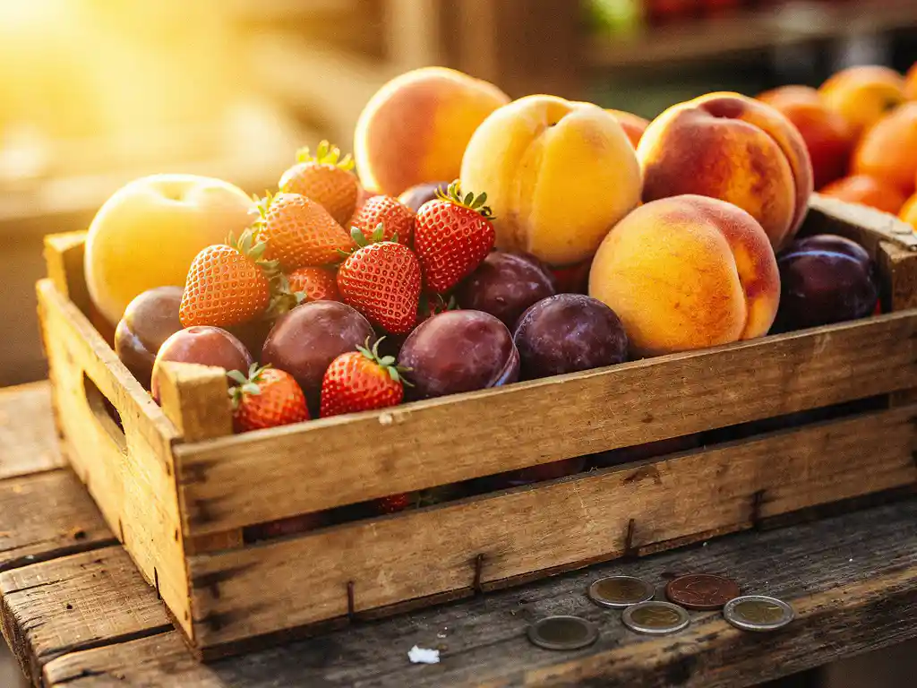 Houten krat vol rijpe aardbeien, gouden perziken en paarse pruimen op een rustieke markt, met munten en warm ochtendlicht.