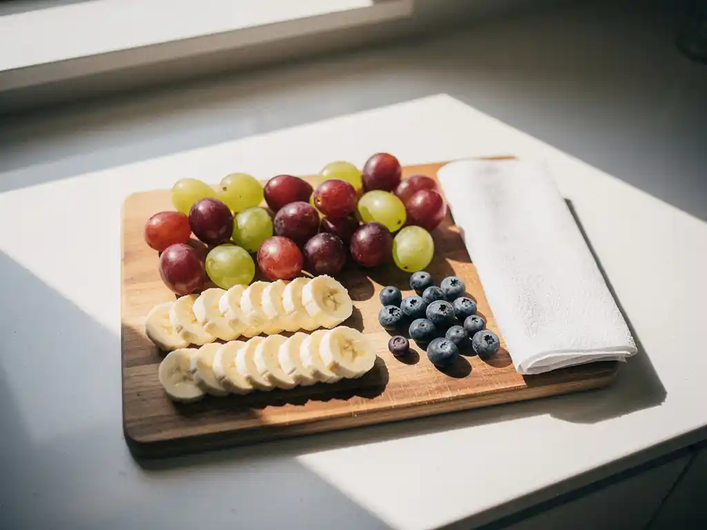 Houten snijplank met gehalveerde druiven, bananenschijfjes en bosbessen op een keukenblad in zachte natuurlijke belichting.