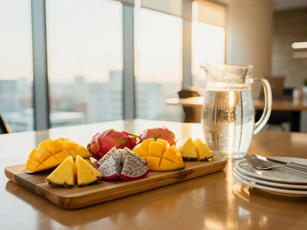 Gesneden mango, ananas en drakenfruit op een houten plank in een lichte kantinekeuken, met glazen waterkan en witte borden.