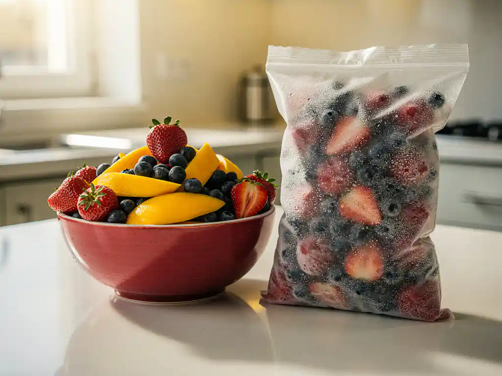 Kom met verse aardbeien, mangoplakken en bosbessen naast een bevroren fruitverpakking op een keukenblad.