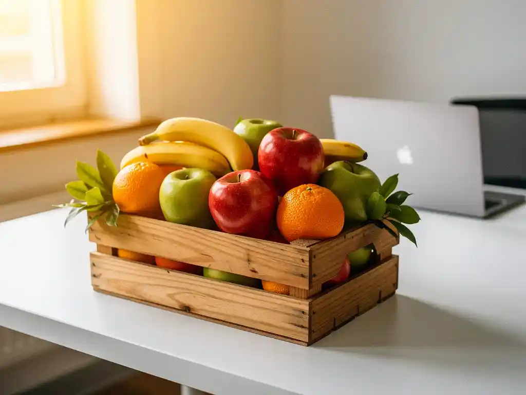 Houten krat vol verse appels, bananen en sinaasappels op een modern bureau, met zachte gouden natuurlijk licht.