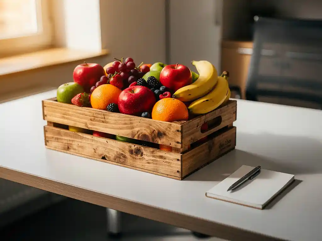 Houten krat vol kleurrijk vers fruit op een modern bureau, met notitieblok en pen, warm natuurlijk licht.