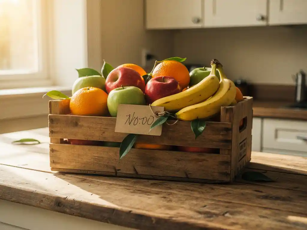 Houten krat vol verse appels, bananen en sinaasappels op een rustiek keukenblad met handgeschreven prijskaartje in warm natuurlijk licht.