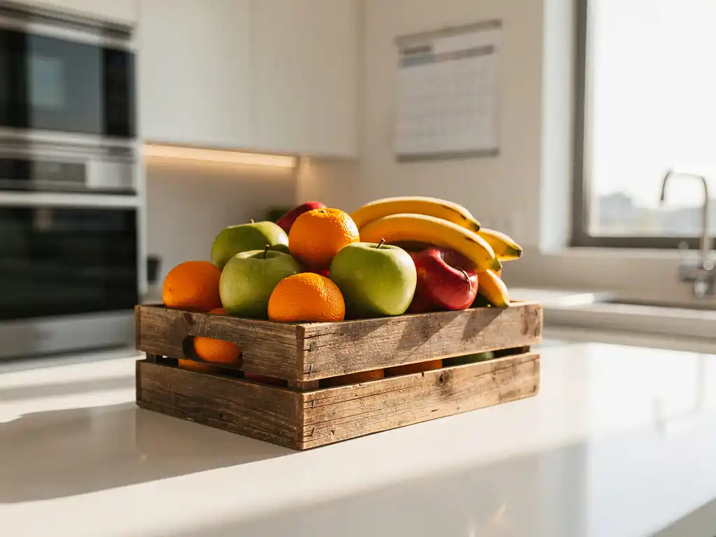 Houten krat vol kleurrijke appels, sinaasappels en bananen op een modern kantaarkeukenblad in warm natuurlijk licht.