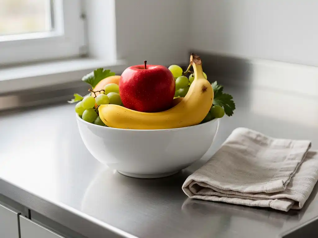 Verse appel en banaan in witte keramische schaal op kantinewerkblad, omringd door roestvrijstalen oppervlak en linnen doek.