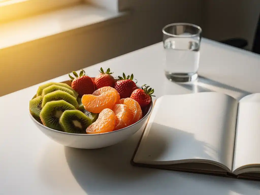 Kleurrijke fruitschaal met kiwi, aardbeien en sinaasappelpartjes op een modern bureau naast een notitieboek, in warm ochtendlicht.