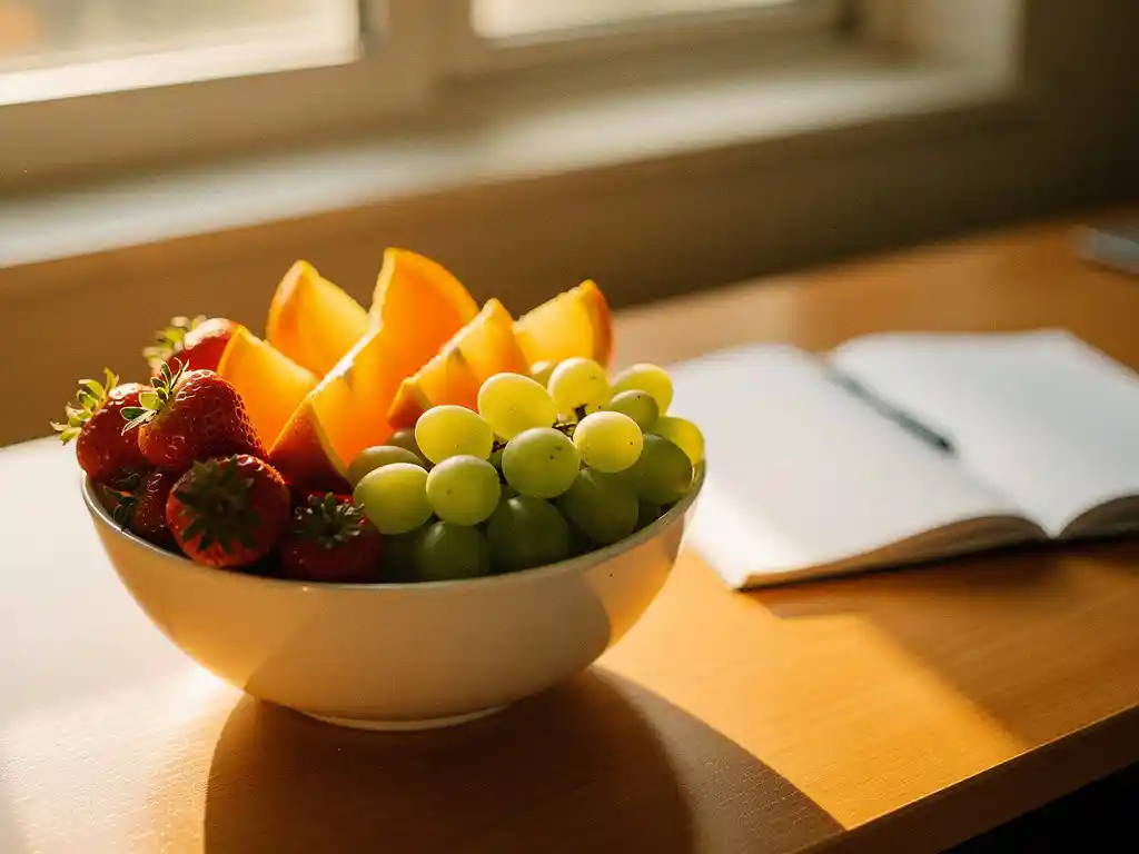 Kleurrijke fruitschaal met sinaasappelschijfjes, aardbeien en groene druiven op een houten bureau naast een opengeslagen notitieboek.