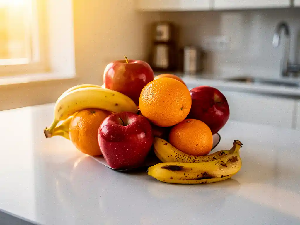 Kleurrijke fruitschaal met appels, bananen en sinaasappelen op een modern keukenblad, verlicht door warm natuurlijk licht.