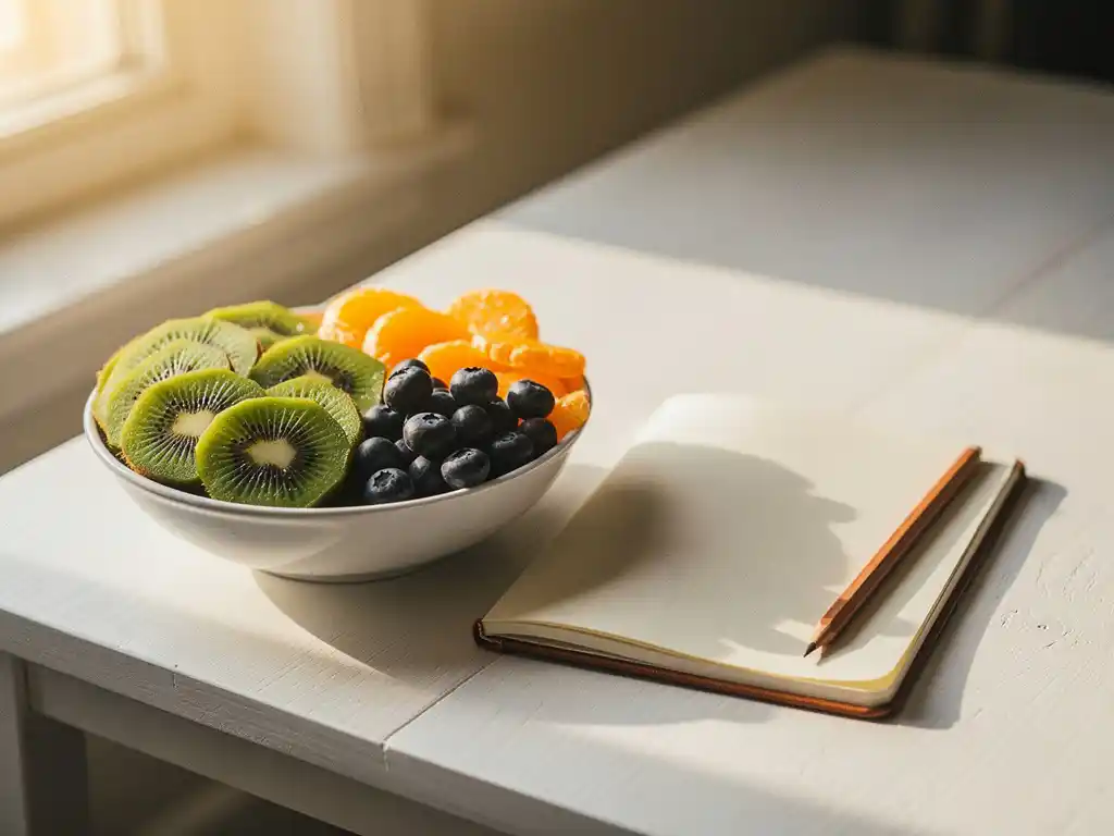 Kom met vers fruit — kiwi, bosbessen en sinaasappelpartjes — naast een open notitieboek en potlood in ochtendlicht.