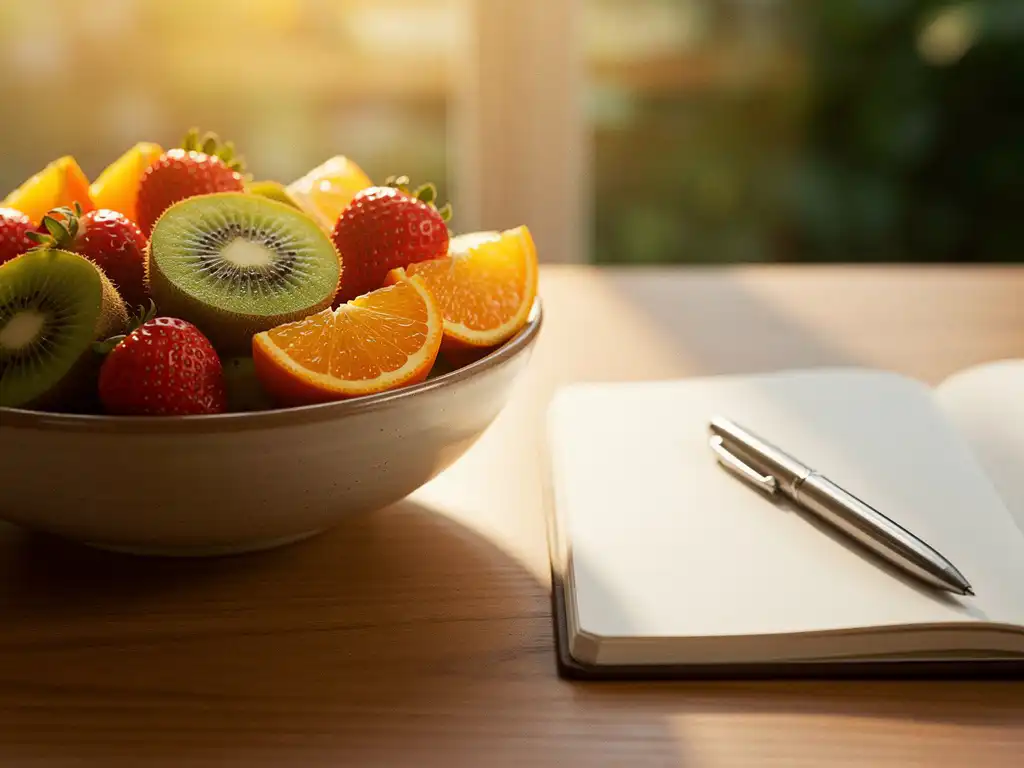 Kleurrijke fruitschaal met kiwi, aardbeien en sinaasappel naast een notitieboek op een houten bureau in ochtendlicht.