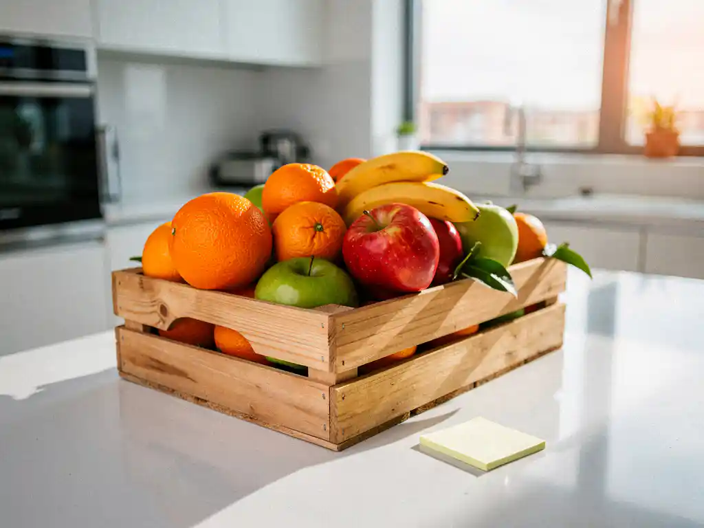 Houten krat vol verse sinaasappels, bananen en appels op een modern kantoorkeukenblad, verlicht door warm natuurlijk licht.