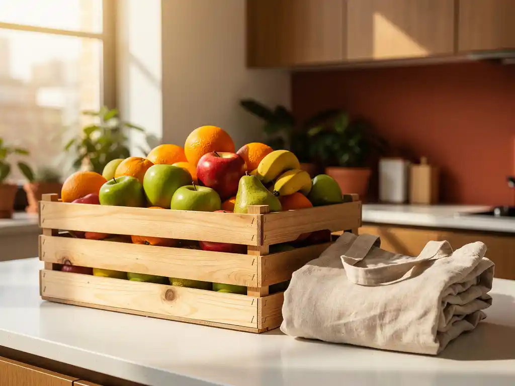 Houten krat vol seizoensfruit zoals sinaasappels, appels, bananen en peren op een modern kantoorkeukenblad, met een linnen tas ernaast.