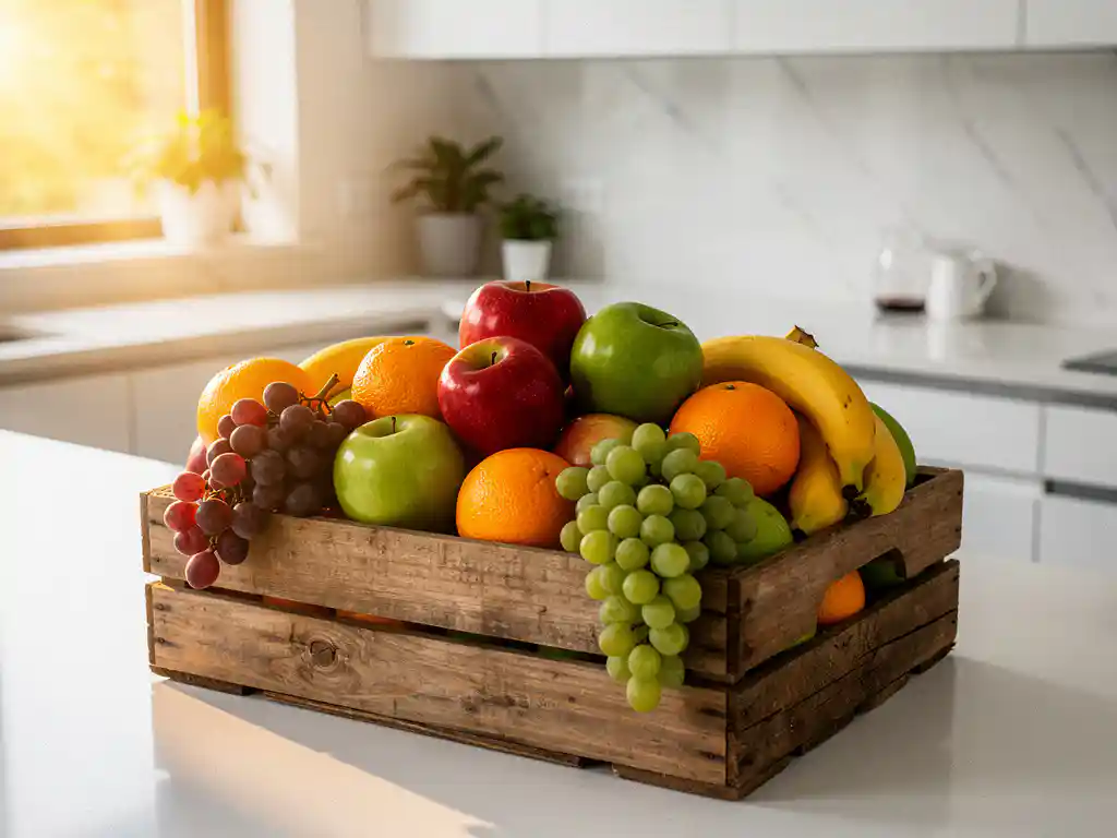 Houten krat vol vers fruit — sinaasappels, appels, bananen en druiven — op een modern kantaarkeukenblad in warm goudkleurig licht.