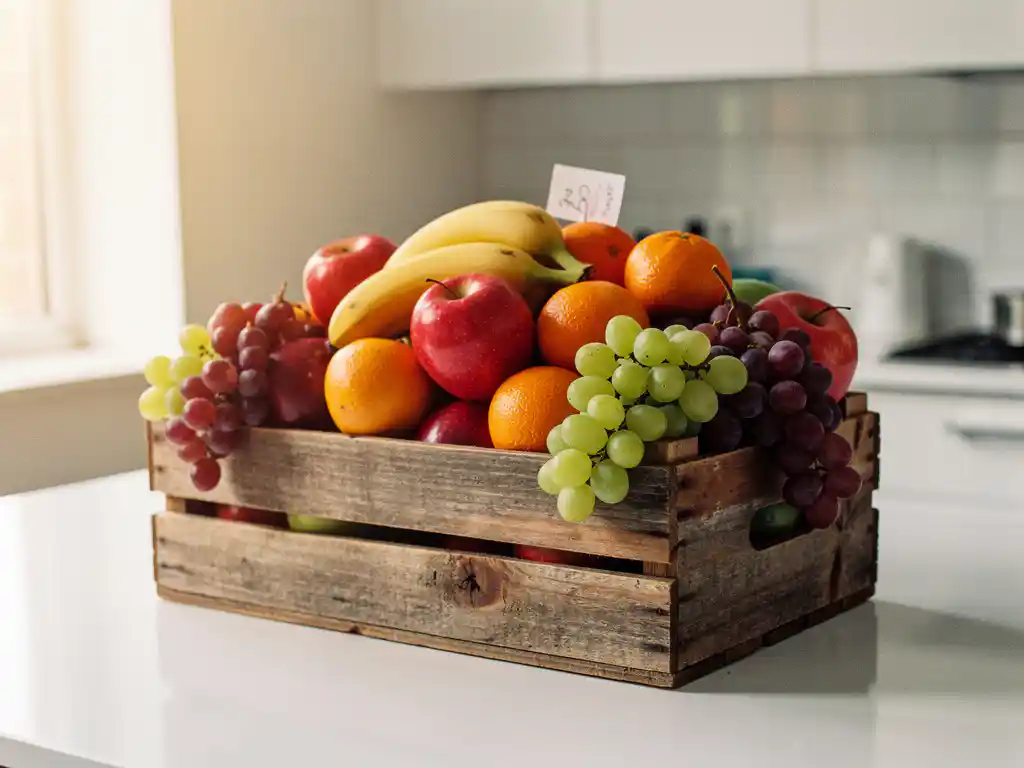 Houten krat vol verse appels, bananen, sinaasappels en druiven op een modern kantinekeukenblad, met een handgeschreven prijskaartje.