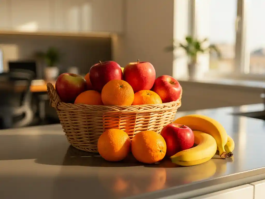Kleurrijke appels, sinaasappels en bananen in een rieten mand op een aanrecht in een moderne kantoorkeuken, verlicht door natuurlijk raamlicht.