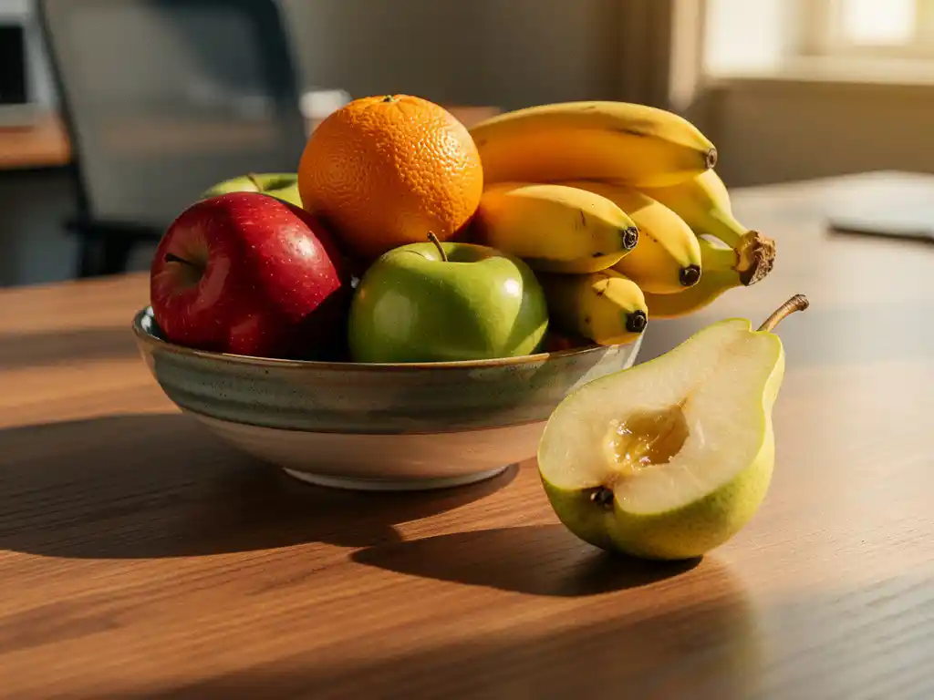Houten bureau met fruitschaal vol appels, sinaasappels en bananen, naast een halfgegeten peer in warm natuurlijk licht.
