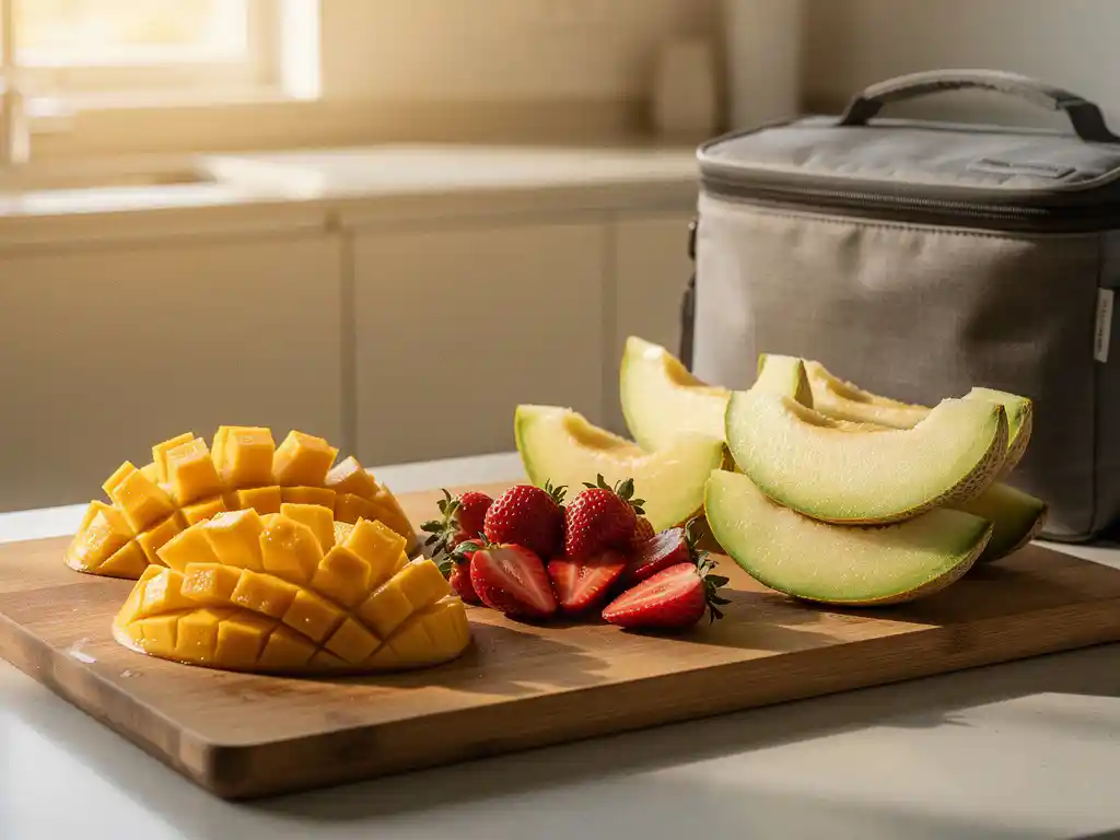 Houten snijplank met voorgesneden mango, aardbeien en meloen op een modern kantoorkeukenaanrecht, met een lunchtas ernaast.