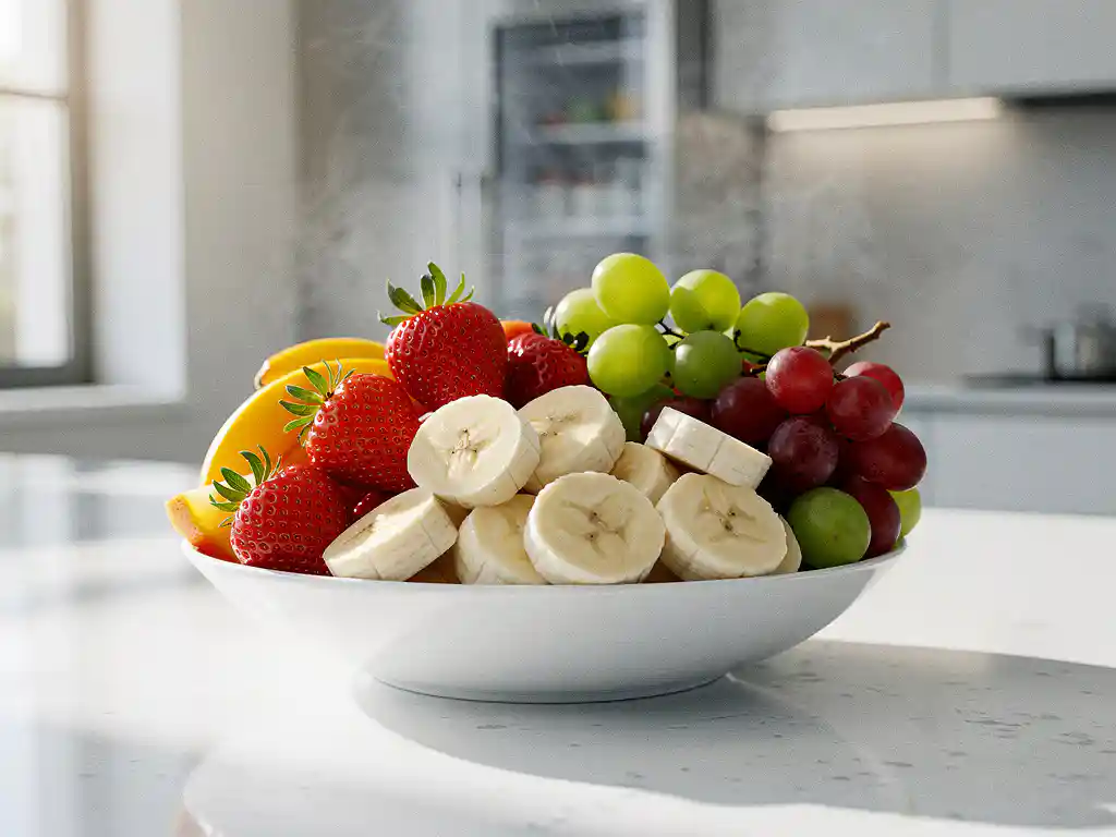Kleurrijke fruitschaal met aardbeien, bananen en druiven op een modern kantinewerkblad in zacht natuurlijk licht.