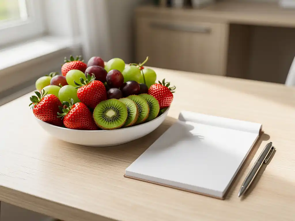 Kleurrijke fruitschaal met aardbeien, druiven en kiwi naast een open notitieboek en pen op een houten bureau in zacht daglicht.