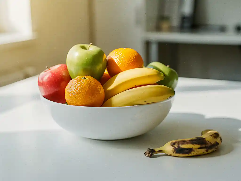 Kleurrijke fruitschaal met appels, bananen en sinaasappels op een modern bureau, met een overrijpe banaan aan de rand.