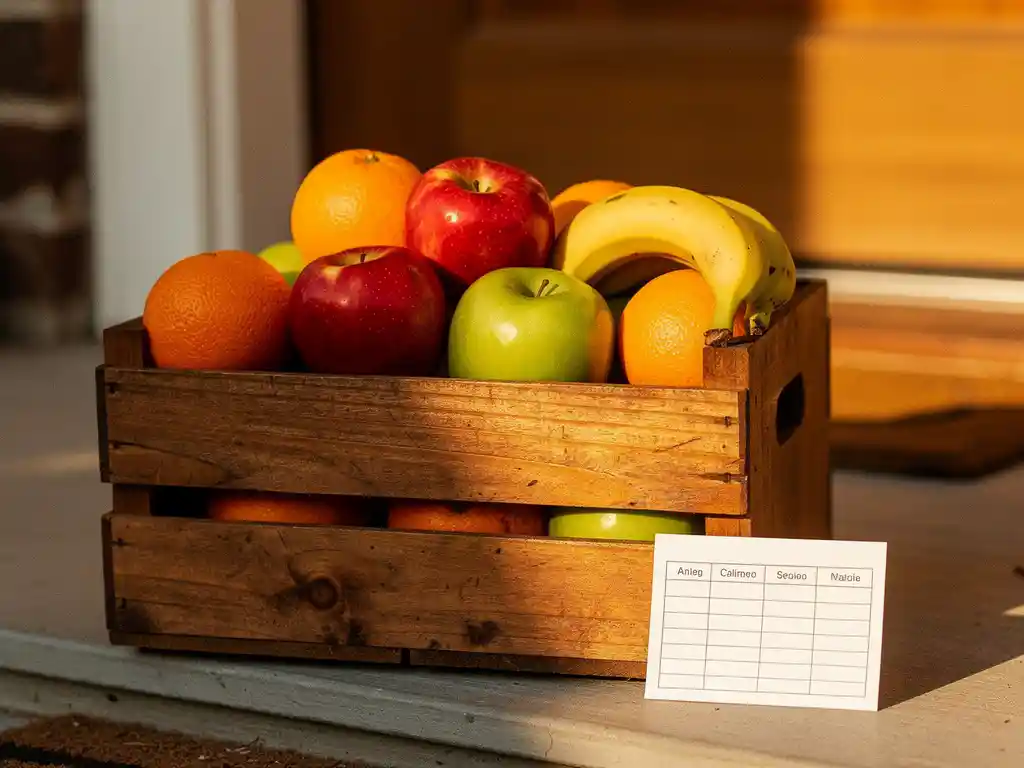 Houten krat vol verse sinaasappels, appels en bananen op een zonnige drempel met een handgeschreven bezorgschema, warm ochtendlicht.