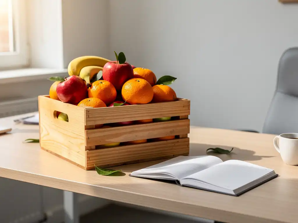 Houten krat vol verse appels, bananen en sinaasappels op een modern bureau naast een open notitieboek, warm natuurlijk licht.