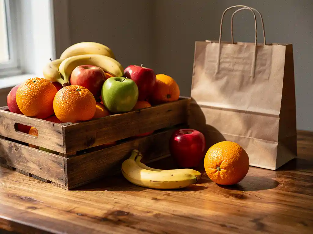Houten krat vol verse sinaasappels, appels en bananen naast een boodschappentas op een eiken tafel in natuurlijk licht.