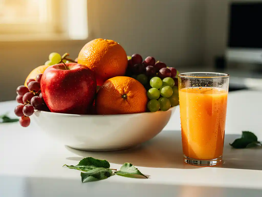 Kleurrijke fruitschaal met appels, sinaasappels en druiven op een modern bureau naast een glas vers sinaasappelsap in warm daglicht.