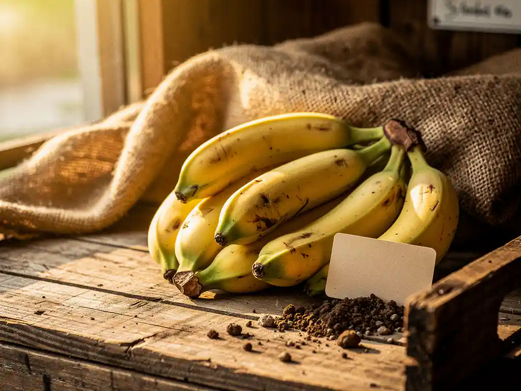 Verse lokaal geteelde bananen op een verweerde houten marktkrat met een handgeschreven prijskaartje bij een rustieke boerenmarkt.