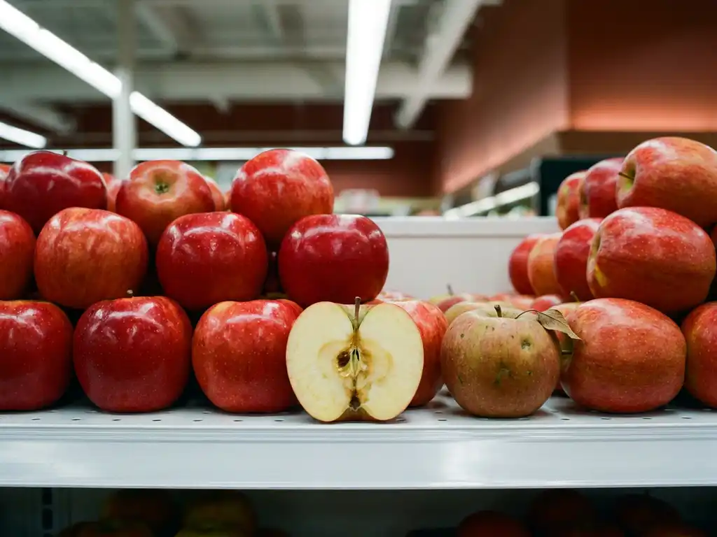 Doorgesneden appel met bruinende kern naast wasgecoate supermarktappels en een onbehandelde boerenmarktappel op wit schap.