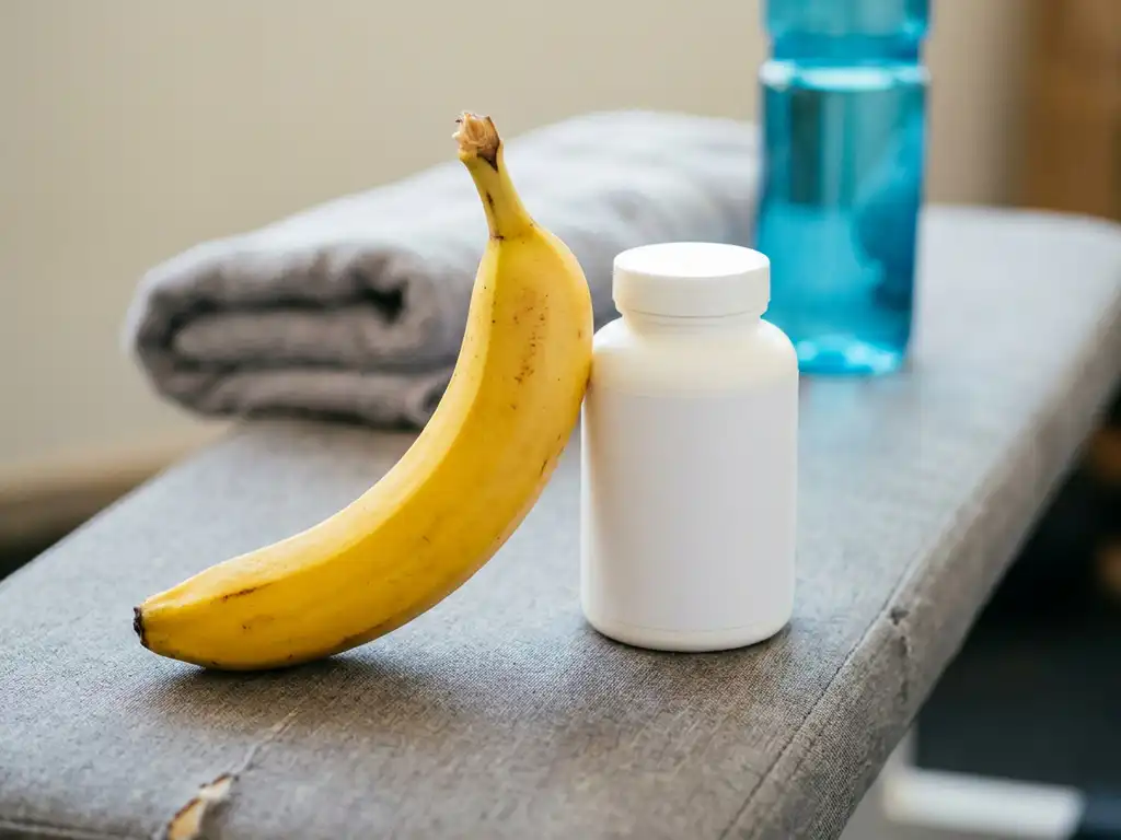 Rijpe gele banaan naast een witte sportsupplement fles op een gymbank, met handdoek en waterfles op de achtergrond.