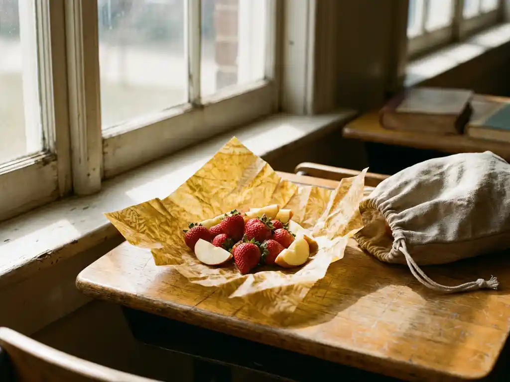 Bijenwasfolie om aardbeien en appelschijfjes gewikkeld op een houten schoolbank, naast een linnen lunchtas in warm middaglicht.