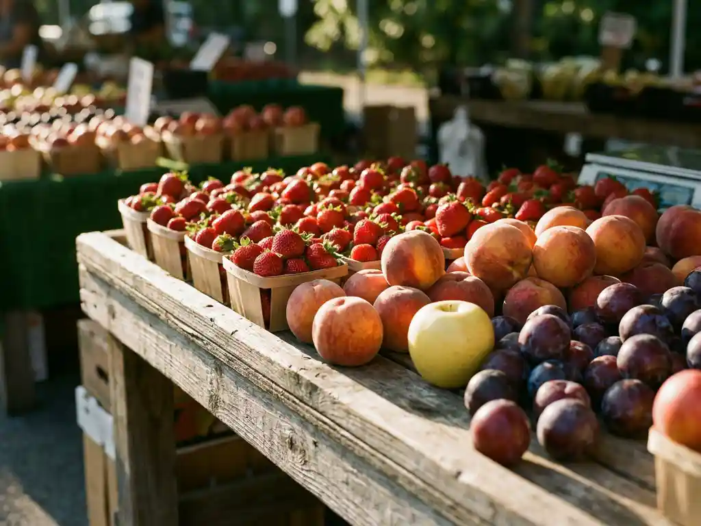Rustieke houten markttafel vol seizoensaardbeien, perziken en pruimen naast een bleke geïmporteerde appel in warm middaglicht.