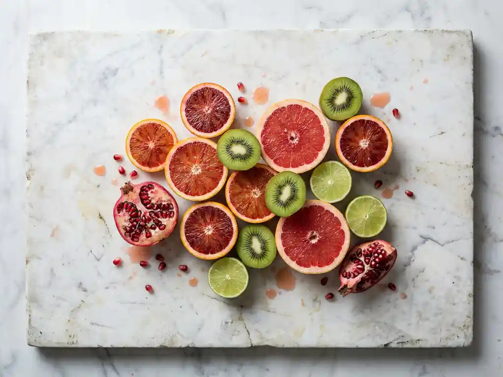 Doorgesneden citrus, kiwi en granaatappel op verweerd marmer, met glinsterende zaden en sappig vruchtvlees in smaragdgroen en robijnrood.
