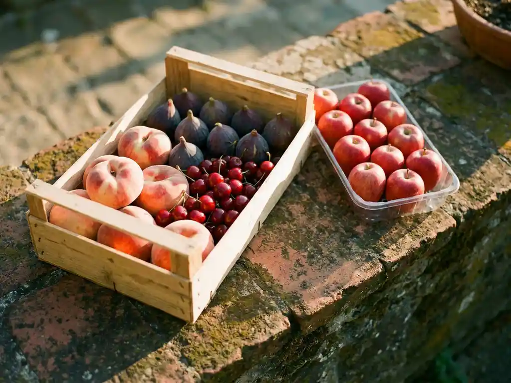 Houten marktkrat vol erfgoedvruchten zoals perziken, vijgen en kersen naast een plastic supermarktbakje met identieke appels op steen.