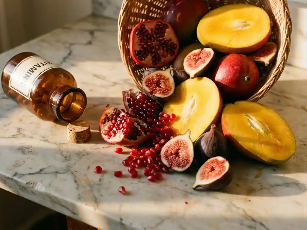 Halve mango's, granaatappelzaadjes en vijgen op verweerd marmer met een omgevallen glazen vitamineflesje in warm zijlicht.