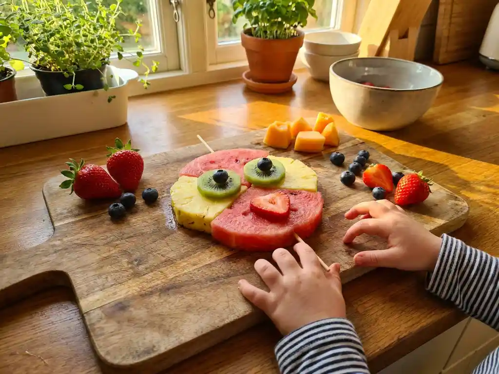 Kleurrijke fruitspies als lachend gezicht op houten snijplank, met kinderhanden die ernaar reiken, omringd door aardbeien, bosbessen en meloen.
