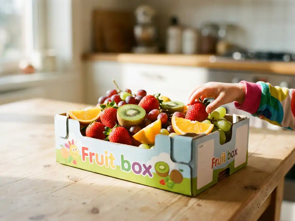 Kinderhanden grijpen naar een fruitdoos vol aardbeien, kiwi, sinaasappelpartjes en druiven op een houten ondergrond.