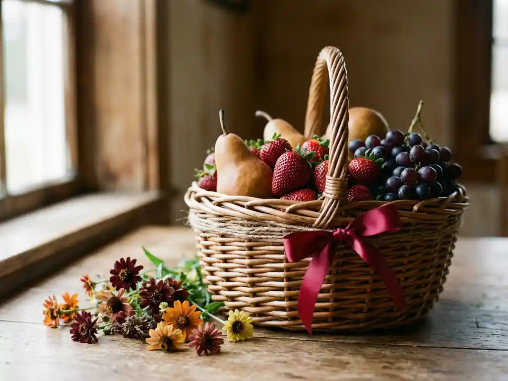 Fruitmand gevuld met aardbeien, gouden peren en paarse druiven, gebonden met touw en satijnen strik, op houten tafel met wilde bloemen.