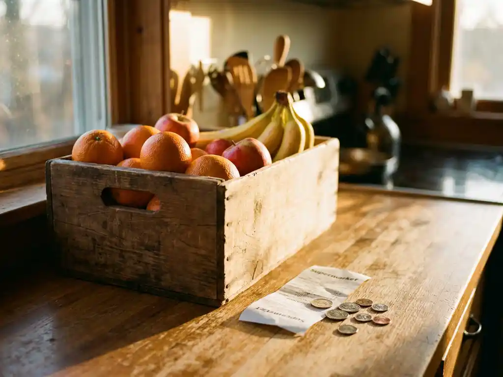 Houten krat vol verse sinaasappels, appels en bananen naast een verfrommeld kassabon en munten op een rustiek aanrecht.