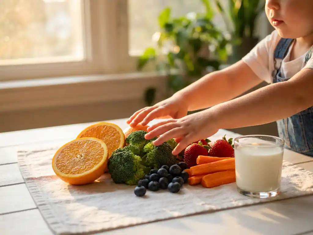 Klein kind dat reikt naar kleurrijke verse groenten en fruit op een zonnige keukentafel, met melk, sinaasappel, broccoli en bessen.