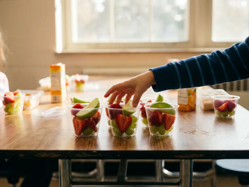 Kind pakt fruit uit portiesbakjes met aardbeien, appelpartjes en druiven op een kleurrijke schoolkantinетаfel in natuurlijk daglicht.