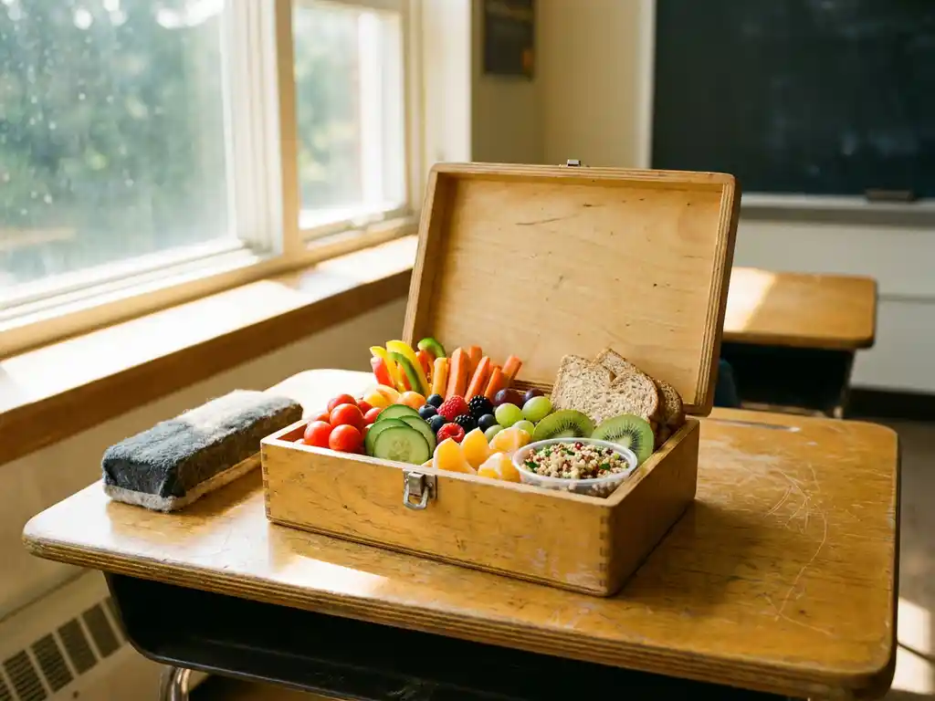 Kleurrijke schoollunchbox met verse groenten, fruit en volkoren producten op een houten klaslokaalbureau in natuurlijk daglicht.