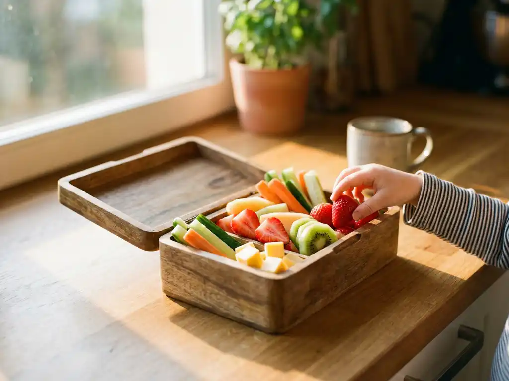Kind pakt aardbei uit houten lunchbox gevuld met fruit, groentesticks en kaasblokjes op zonnig aanrecht.